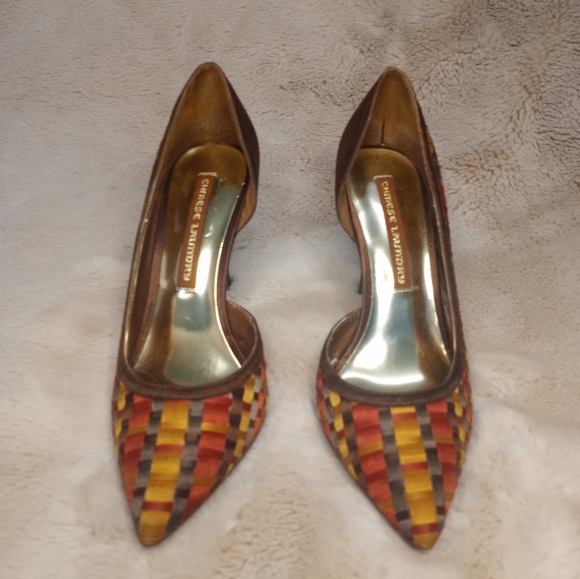 Chinese Laundry North D'Orsay Chocolate Brown Gold Orange Woven Boho Silk Heel - Picture 6 of 7
